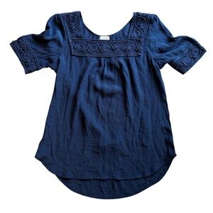Spense Navy Blue Embroidered Short Sleeve Blouse Size Small | Boho Peasant Top
